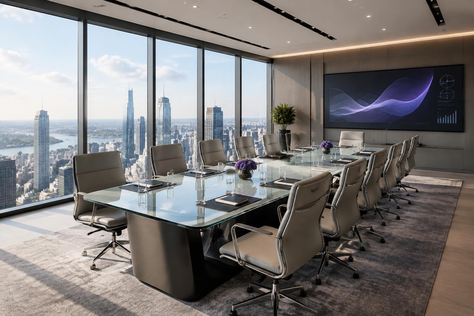 Executive glass boardroom overlooking a city skyline